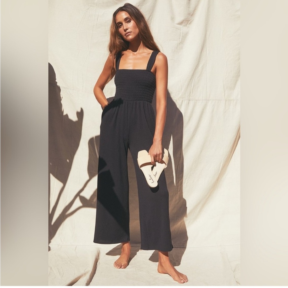 Lulus Black Ribbed Shoulder Tie Jumpsuit